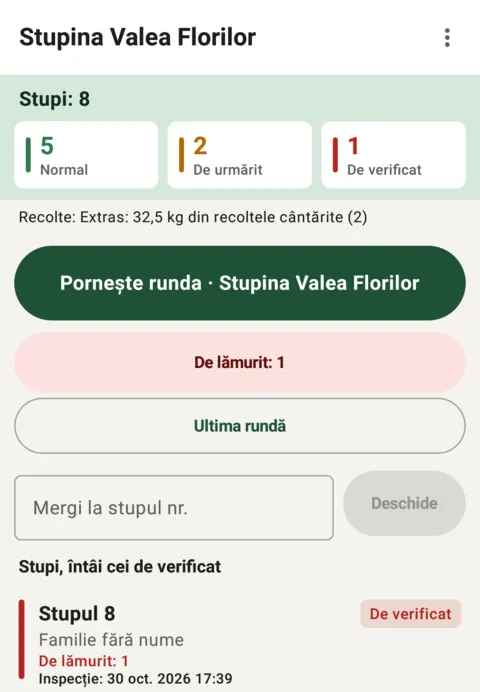 ApiaryOS apiary dashboard with hive counts by attention and a button to start a voice round