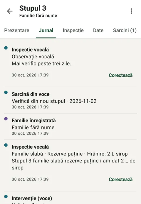 Hive journal with voice inspections, a task created by voice and a correct button