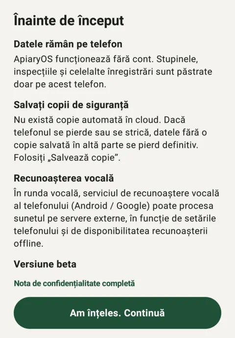 First launch privacy notice explaining that data stays on the phone