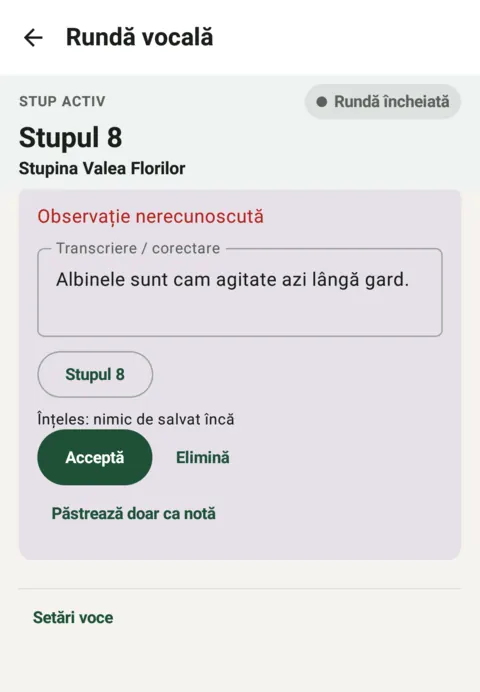 Review screen showing an unrecognised observation with buttons to accept, remove or keep as a note